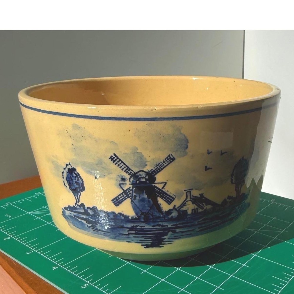 Vintage‎ Delft Blue Windmill Sailboat Yellowware Stoneware Mixing Bowl 6 inch